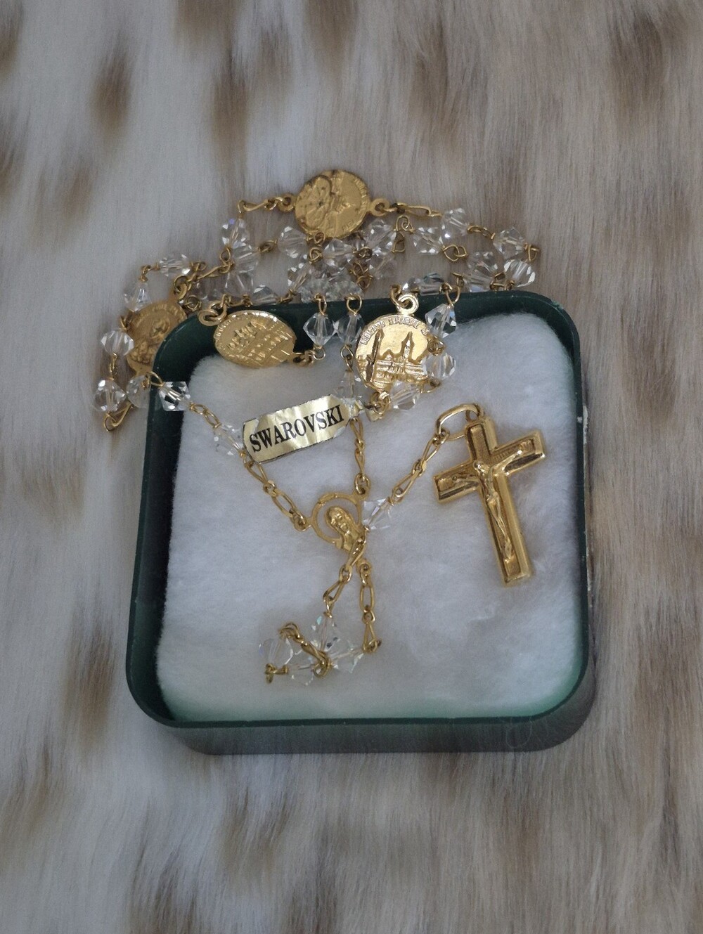 🌙 Italian Gold 800 Silver Vermeil & Swarovski Crystal Rosary Vicenza VI 275 NOS - Picture 5 of 16